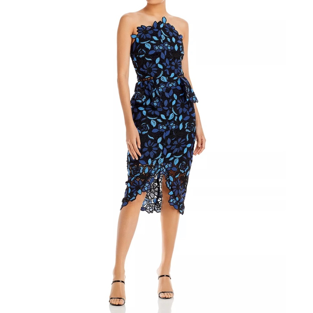Elliatt Times Floral Crochet Dress, Blue and Black Midi